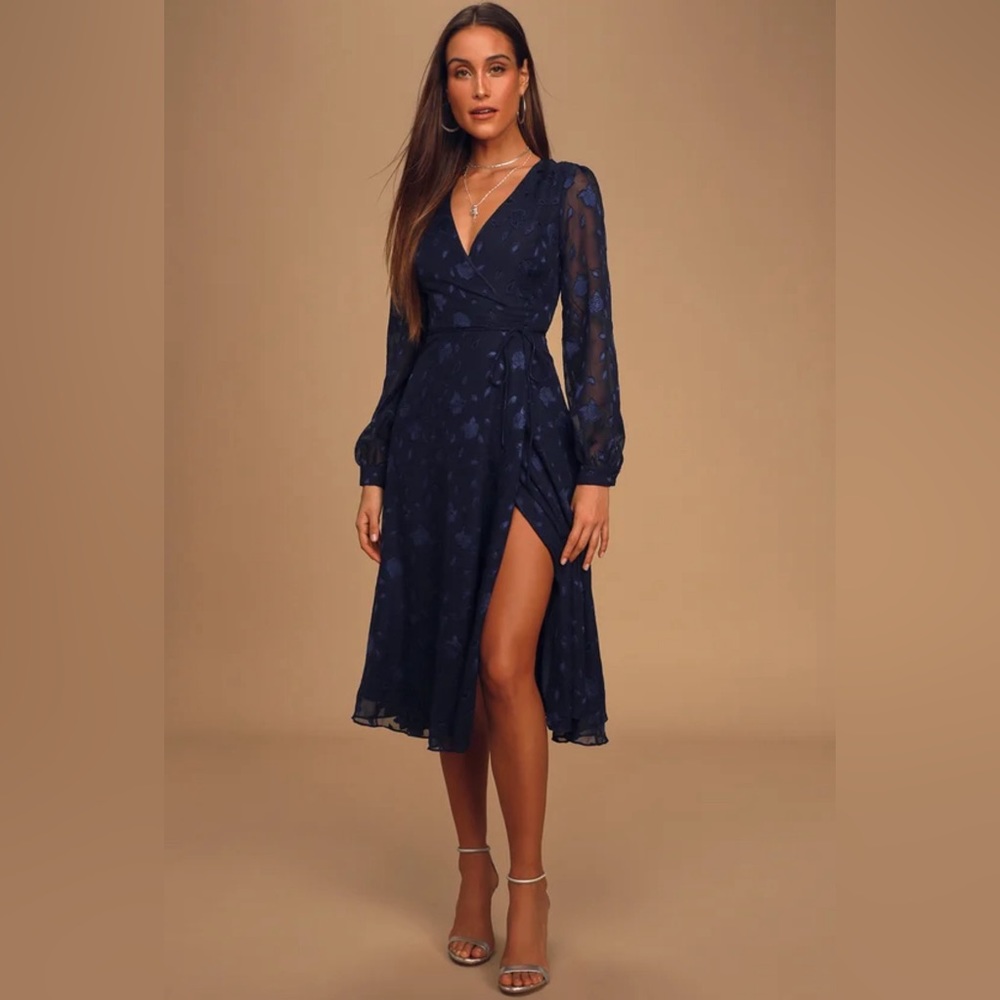 Lulus Evening of Elegance Navy Blue Floral Jacquard Wrap Midi Dress